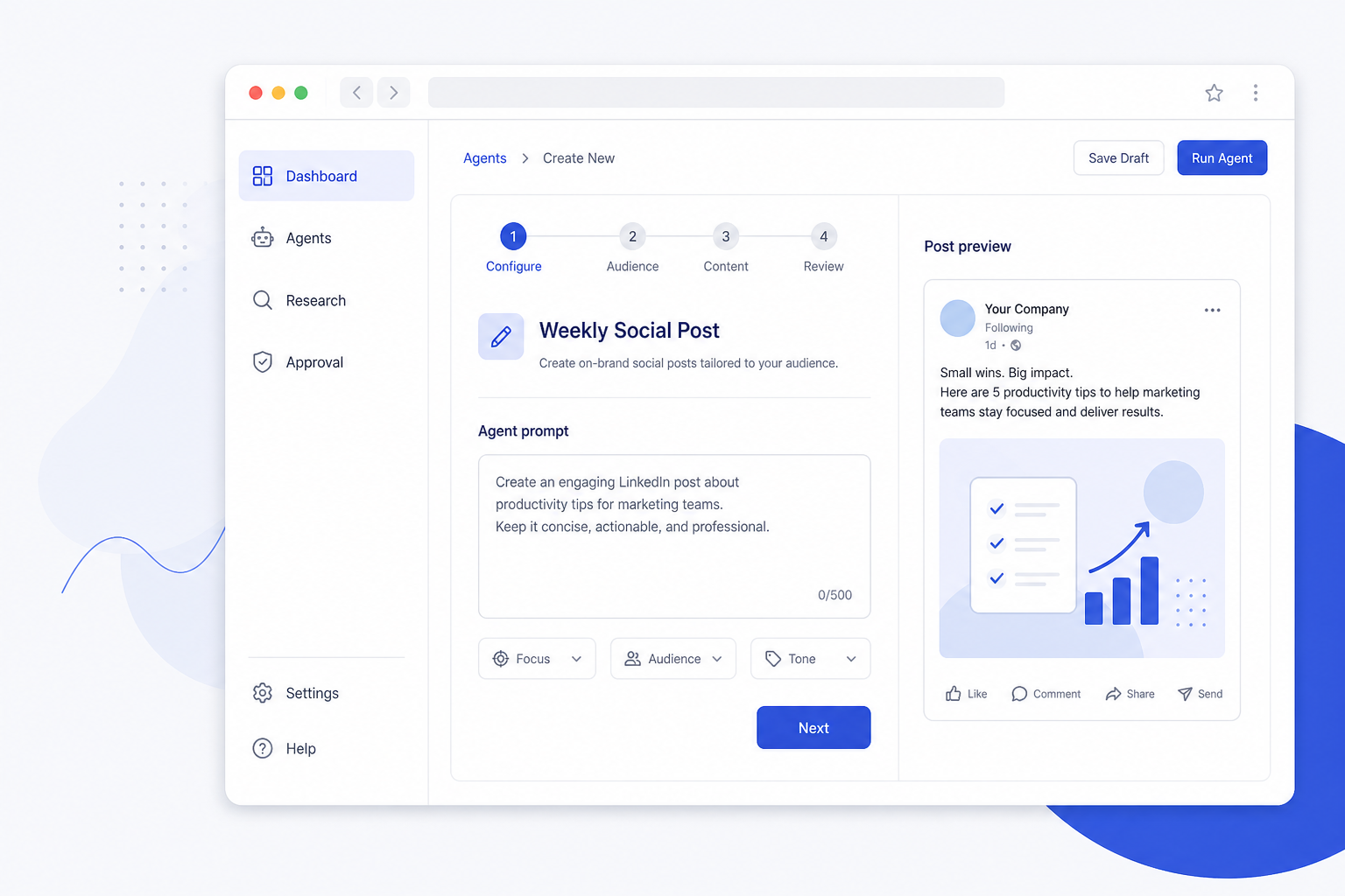 Illustrated marketing portal UI — agents wizard and dashboard